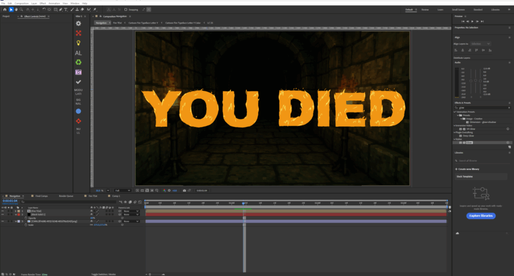 Screenshot of a Cartoon Fire Typeface After Effects template inside of the After Effects editor that says YOU DIED in all capitalized letters