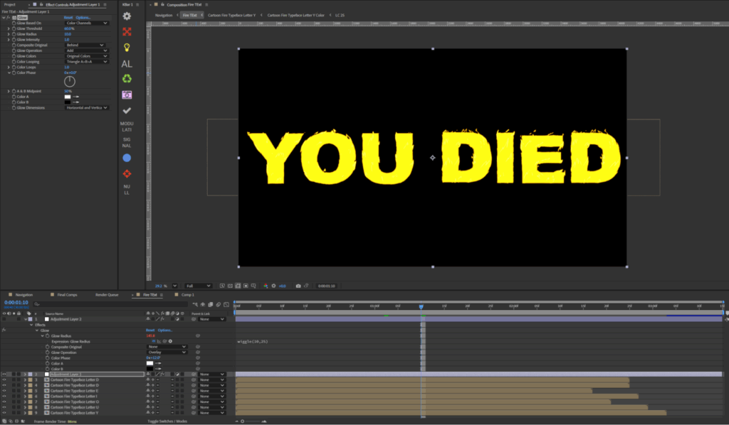 Screenshot of animated text in After Effects with a glow effect applied