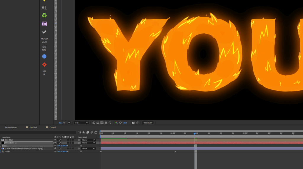 Screenshot of animated fire text in After Effects with an adjusted glow radius