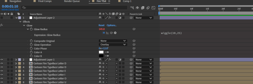 Screenshot of a glow effect in After Effects with a wiggle expression applied