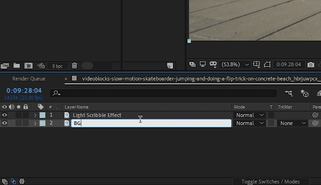 Screenshot of two layers in After Effects, one named BG and one named Light Scribble Effect
