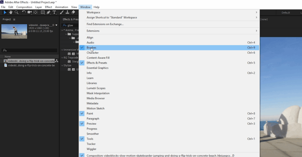 Screenshot of the drop-down Window menu in After Effects with Brushes highlighted