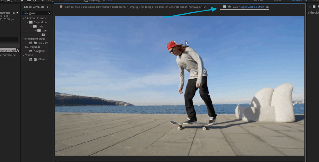 Screenshot of After Effects with a blue arrow highlighting the layer panel
