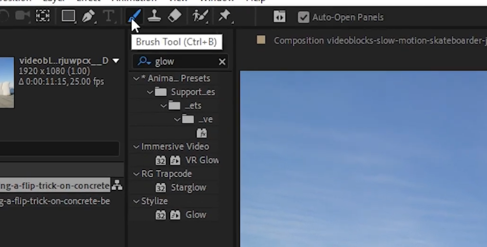 Screenshot of After Effects with the Brush Tool highlighted in the tool bar