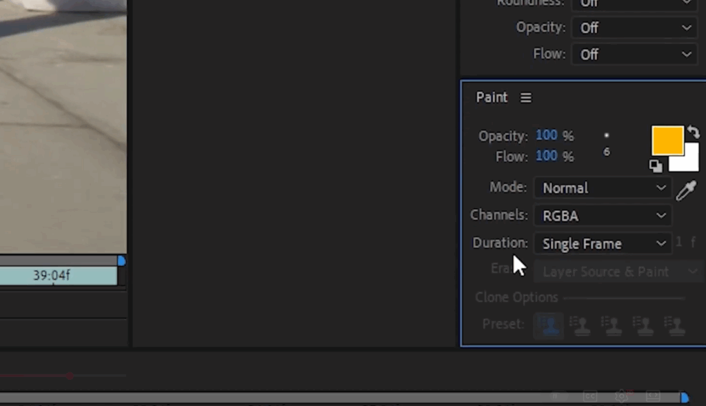 Screenshot of the Paint window in After Effects with Duration set to Single Frame