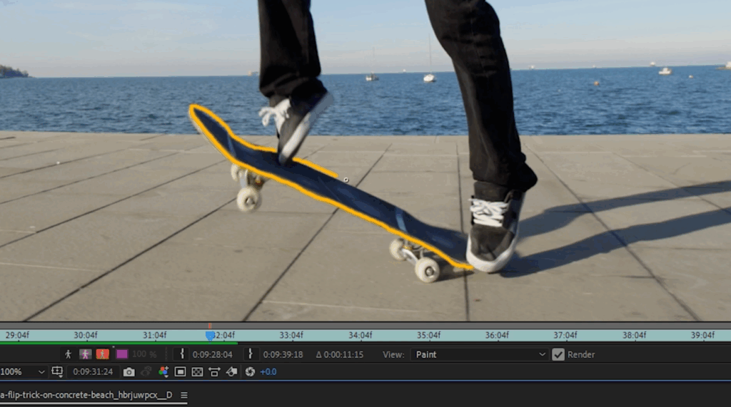 Screenshot of After Effects with a partial line painted onto a frame of footage of a skateboard using the Brushes tool