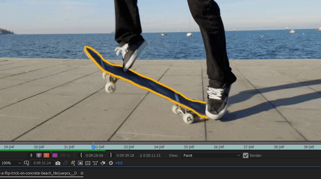 Screenshot of After Effects with a line painted onto a frame of footage of a skateboard using the Brushes tool