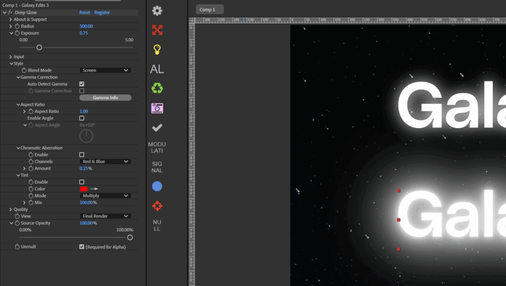 Screenshot of After Effects showing the settings available with the Deep Glow plugin