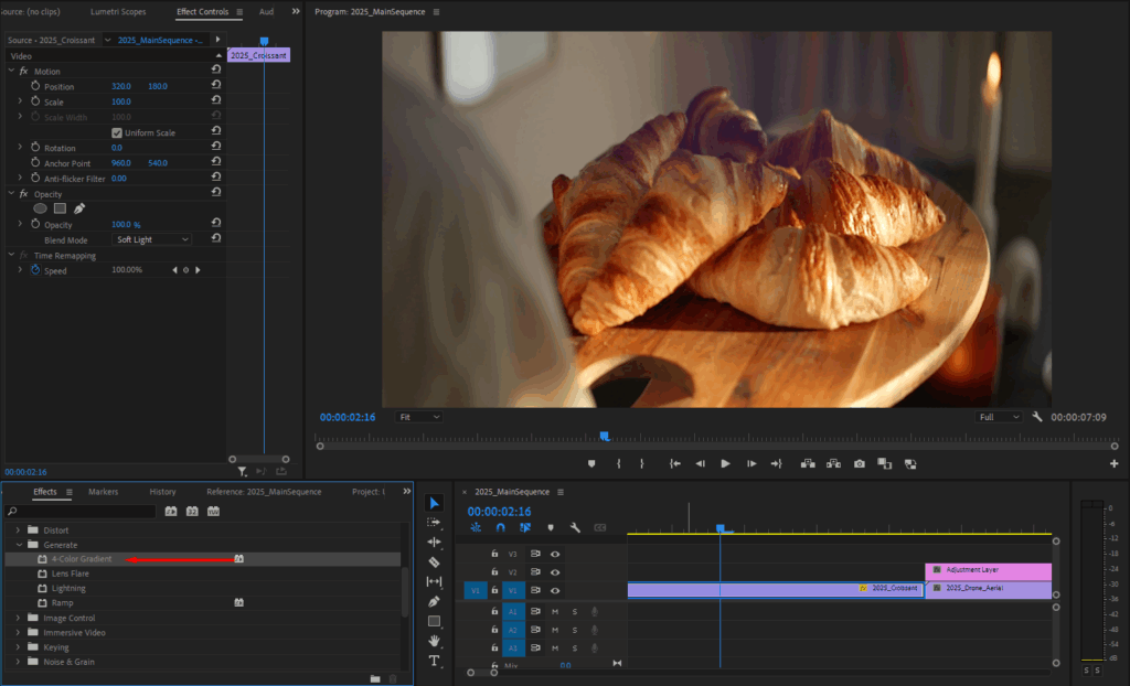 Premiere Pro's Effects panel, where you can find the 4-Color Gradient effect.