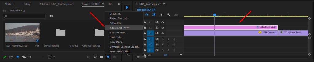 Premiere Pro's Project window, highlighting where to find the button to add an adjustment layer.