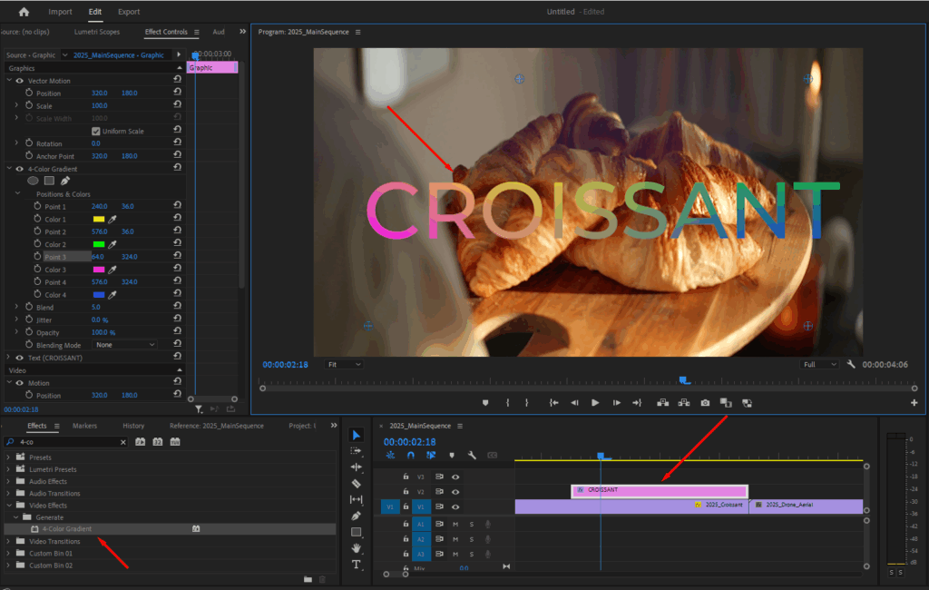 Premiere Pro's Timeline and Effects window, showing how to add a 4-Color Gradient effect to an adjustment layer.