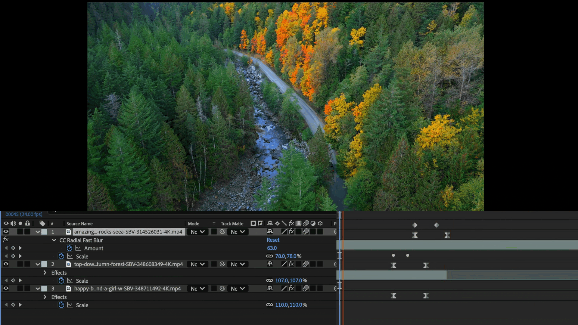 Animation showing an example of a zoom transition with scale keyframes applied in After Effects.