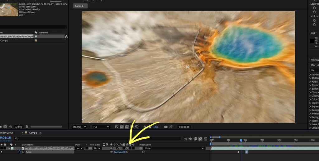 Screenshot showing a footage clip with scale keyframes applied to create a super zoom effect in After Effects.