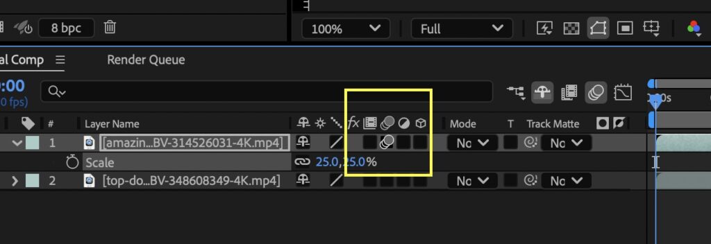 Screenshot highlighting where to find the Motion Blur symbol in the video layer settings in After Effects.
