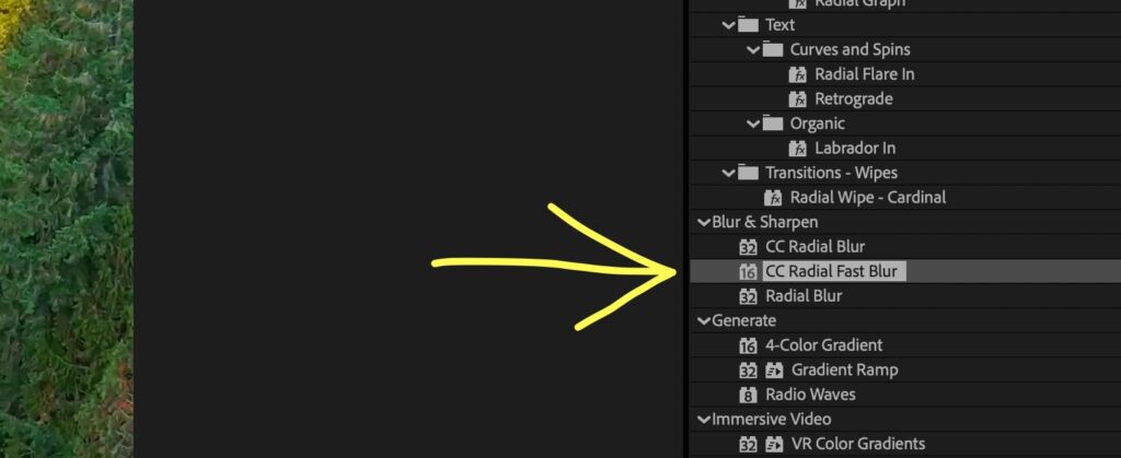 Screenshot showing where to find the CC Radial Fast Blur effect in the Effects and Presets panel in After Effects.