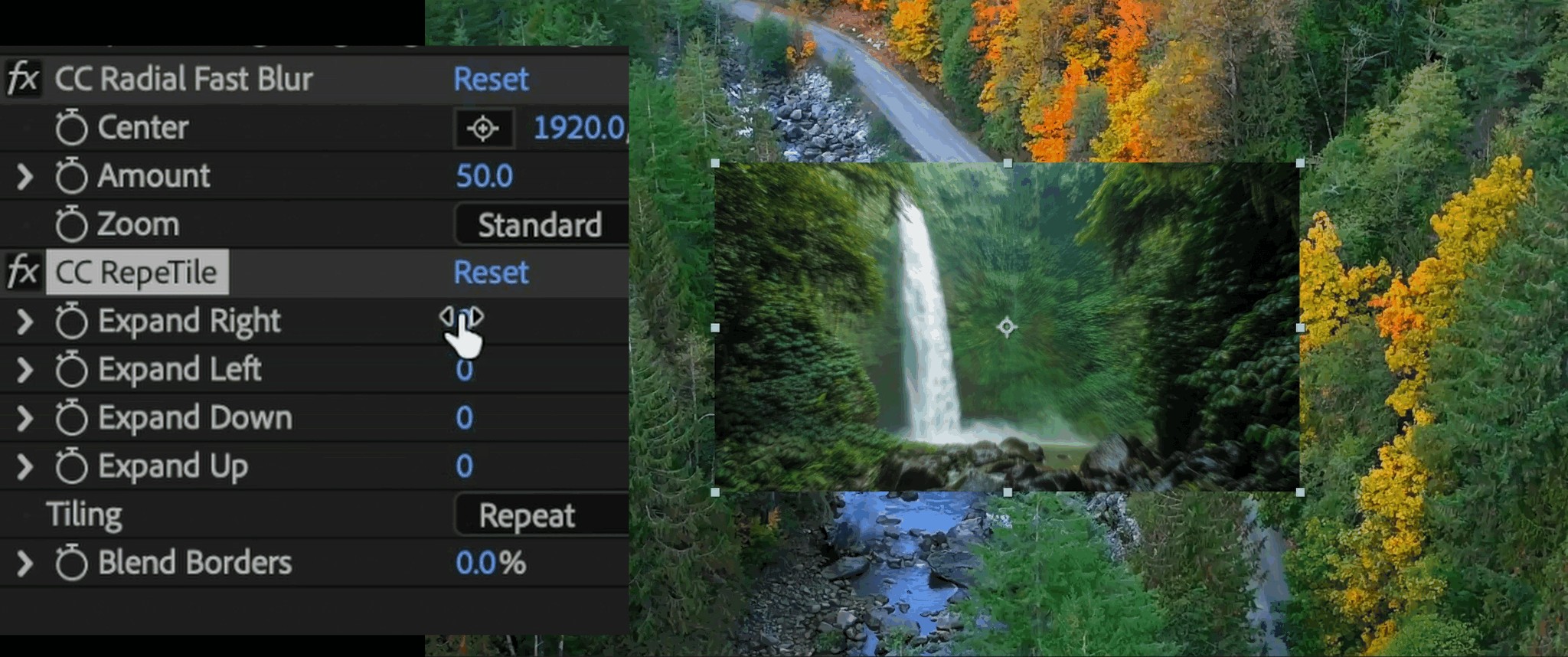 Screenshot showing the CC RepeTile effect in the Effects & Presets panel in After Effects.