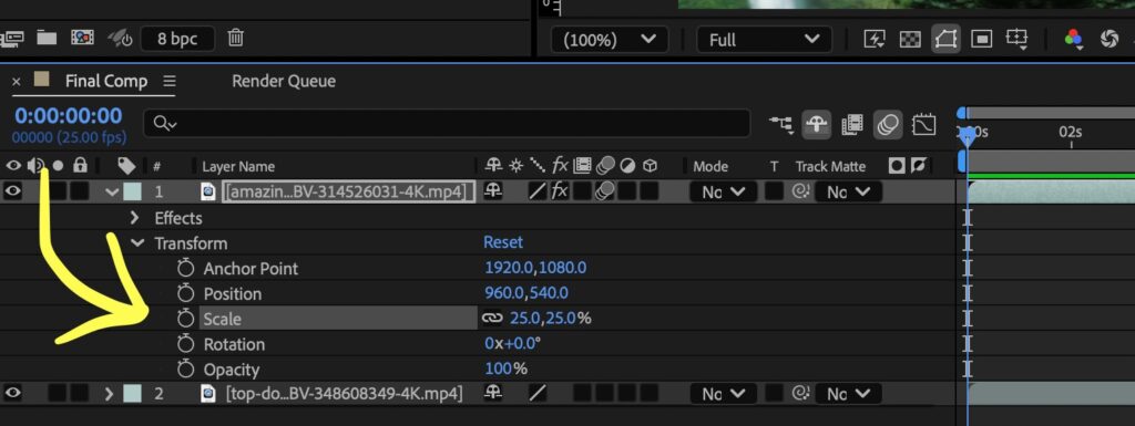 Screenshot showing where to find the scale property under the transform section in a video layer.