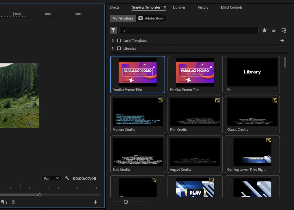 Screenshot of the Graphics Templates panel inside of After Effects with a MOGRT file selected.