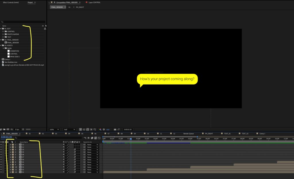 Screenshot of all of the available comps and customization options for an AEP file inside of After Effects.