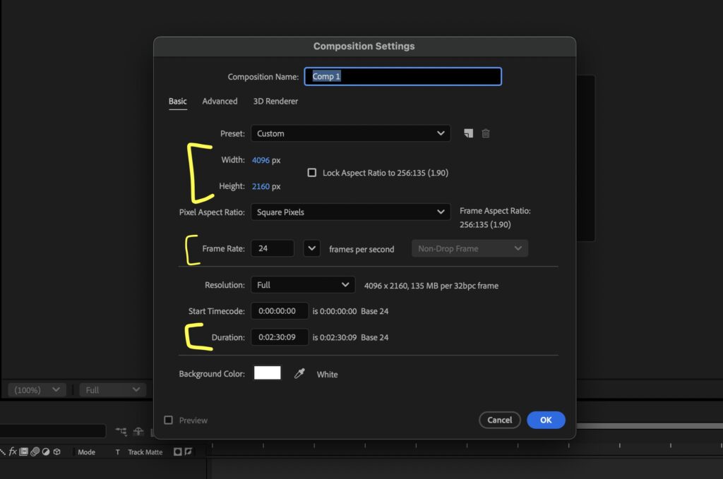 Screenshot of the composition settings menu in After Effects with important settings highlighted in yellow.