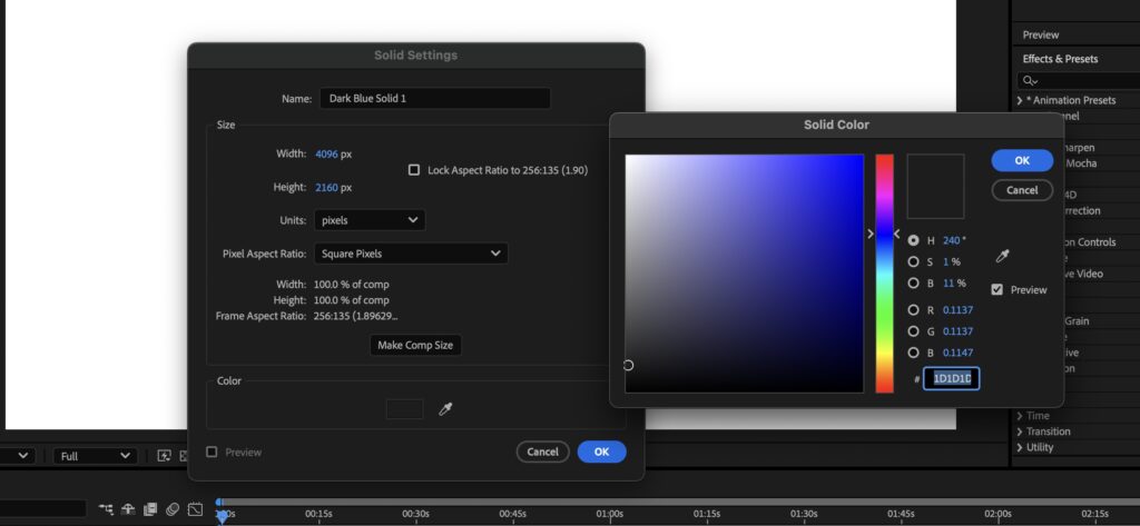 Screenshot of the Solid Settings menu in After Effects where you can set the background color of a layer.