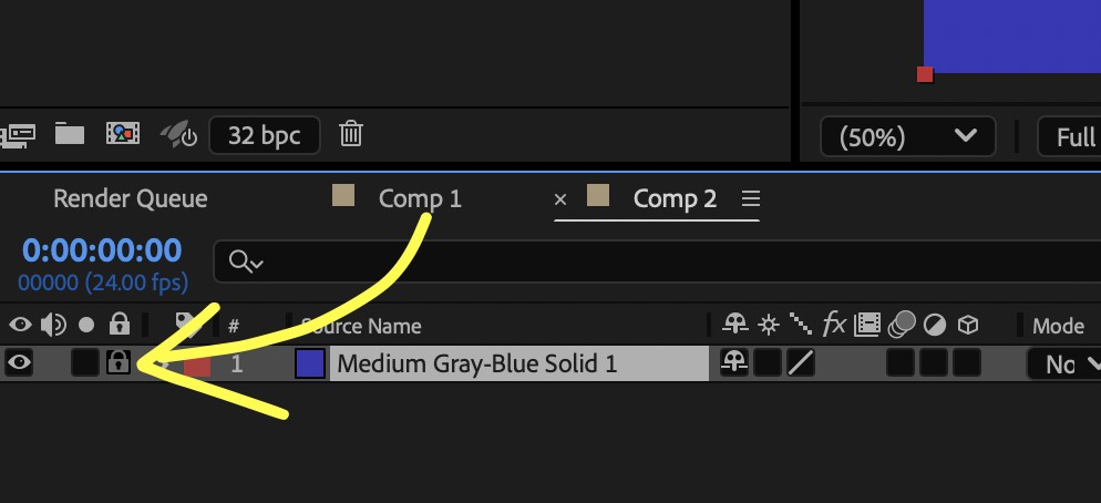 Screeenshot of After Effects showing how to lock a layer by clicking the lock icon.