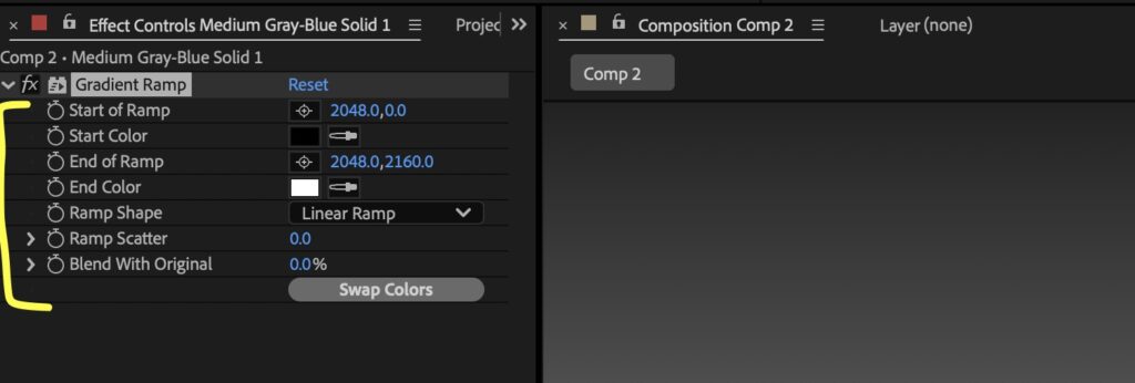 Screenshot showing the effects controls panel in after effects for a gradient ramp effect.
