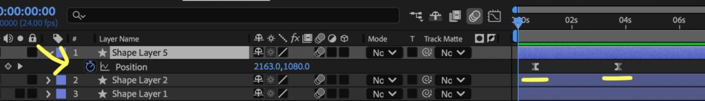 Screenshot with a yellow arrow pointing to the stopwatch icon next to the position value on a timeline in after effects