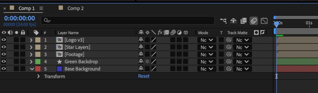 Screenshot of After Effects showing the different layers in a composition with clear, straightforward names.