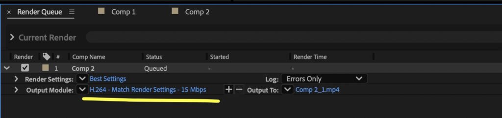 Screenshot showing the render settings and output module in after effects for a project.