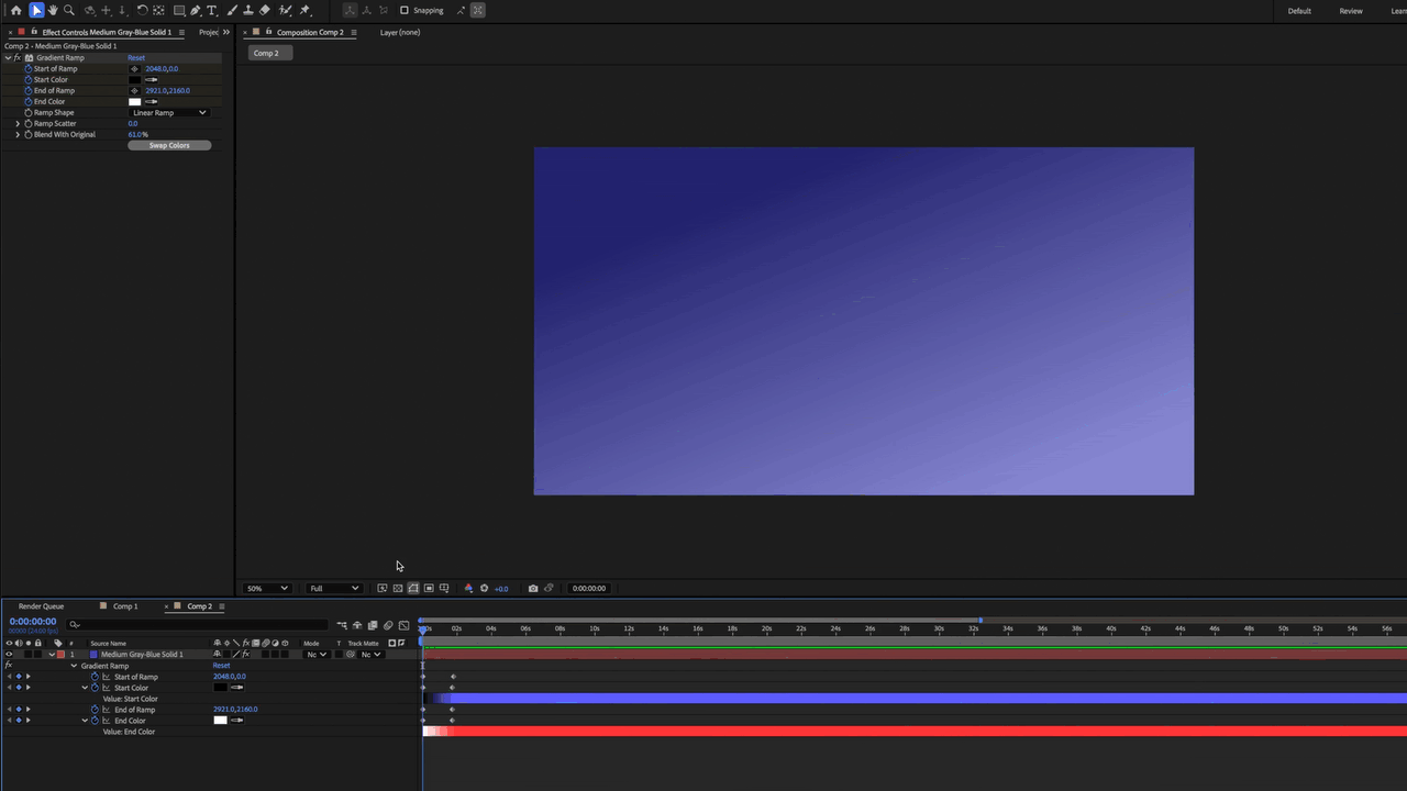 Animation showing a colored background in after effects with a gradient ramp effect animated.