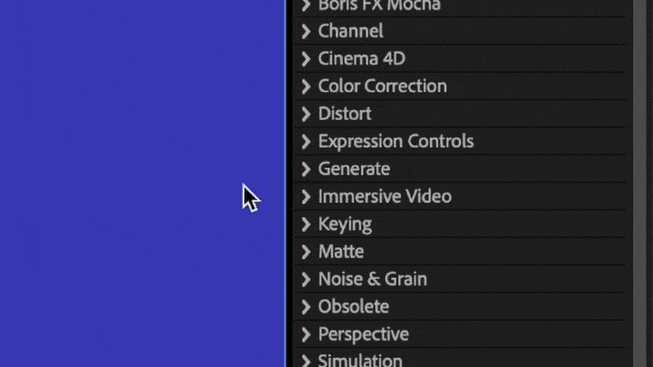 Animation showing the effects and presets panel in After Effects with the Generate folder selected, then the gradient ramp effect applied.