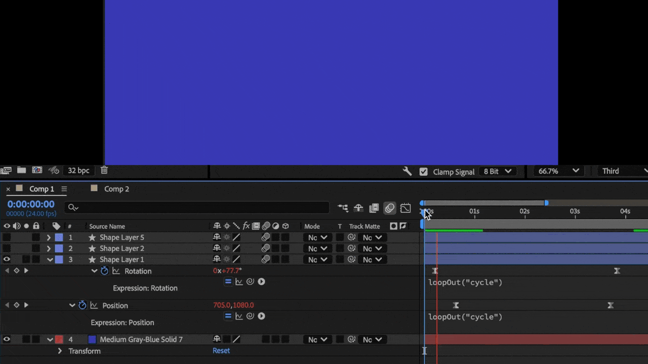Animation showing a star shaped object rolling across a blue background in After Effects with the loopout cycle expression applied.