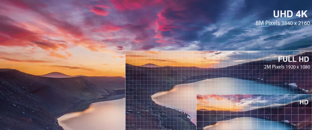 The resolution difference between UHD 4K, full HD 1080p, and HD 720p.
