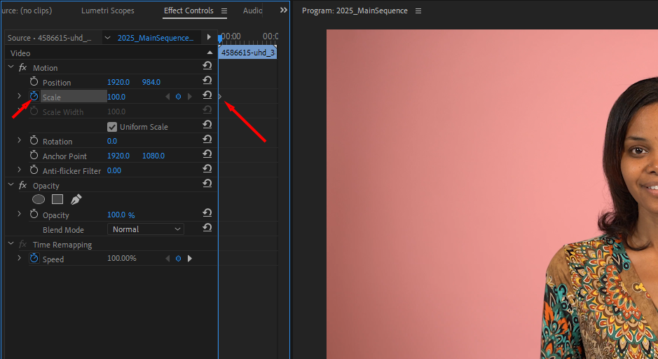  The stopwatch icon in Premiere Pro's Effect Controls panel, with the keyframe highlighted.