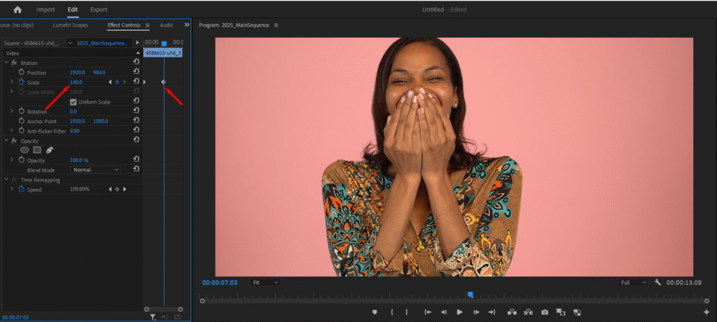 Premiere Pro's Effect Controls panel, showing the zoom option set to 140% and the corresponding second keyframe at the end of the zoom.