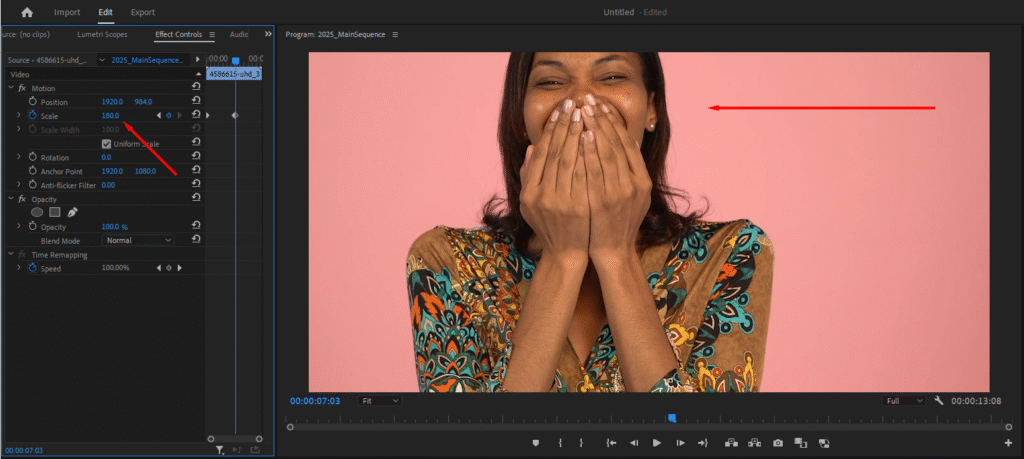  Premiere Pro's Program Monitor, showing how a subject may be off center once zoomed in