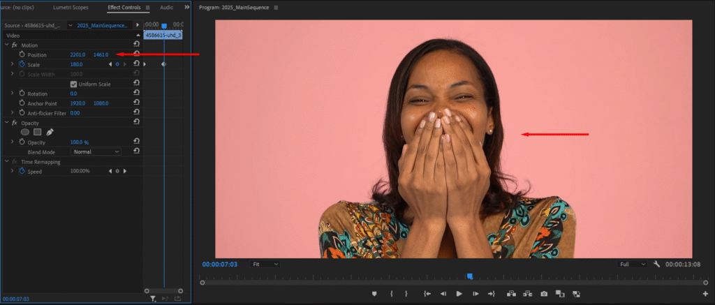 Premiere Pro's Program Monitor, highlighting the subject after centering.