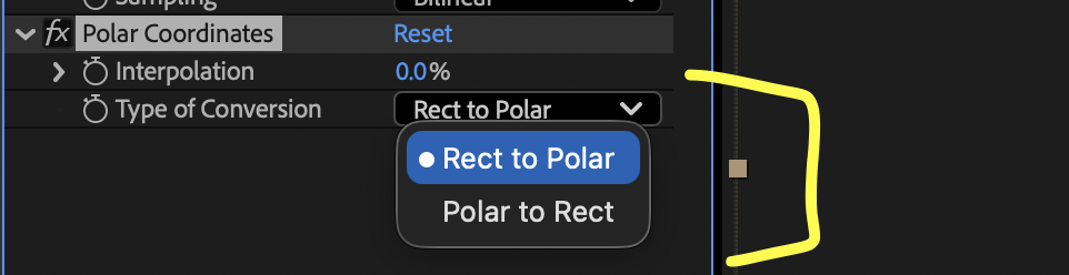 Screenshot showing the Type of Conversion drop down menu for the polar coordinates effect in After Effects