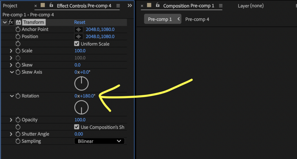 Screenshot showing the Transform effect in After Effects with the Rotation parameter set to 180 degrees.