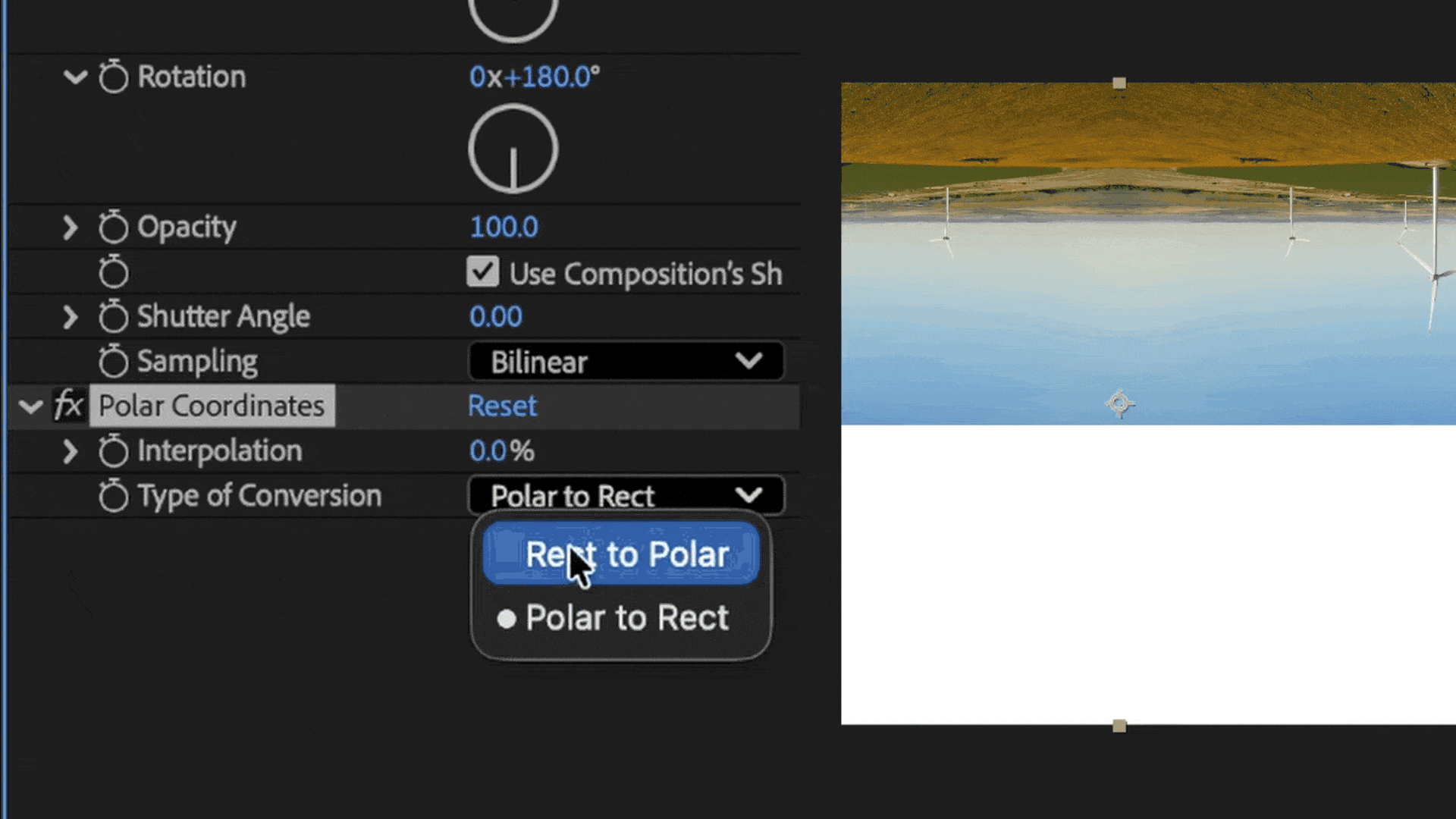 Animation showing footage with the polar coordinates effect applied with a rect to polar conversion, then the Interpolation is set to 100%