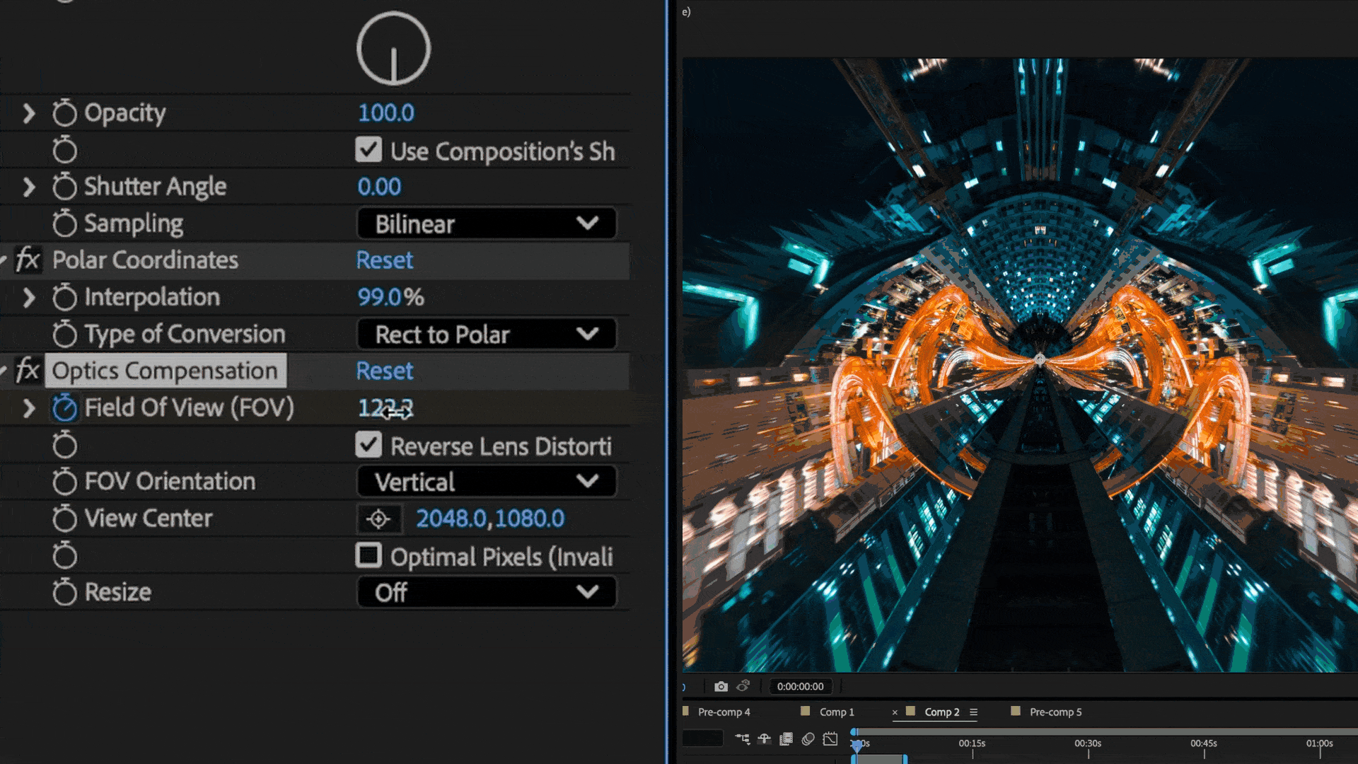 Animation showing a footage clip with the polar coordinates effect and optics compensation effect applied, then having the field of view parameter increased.