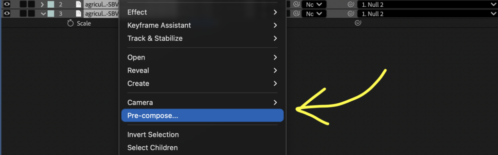 Screenshot showing the Pre-compose option from After Effects drop-down menu