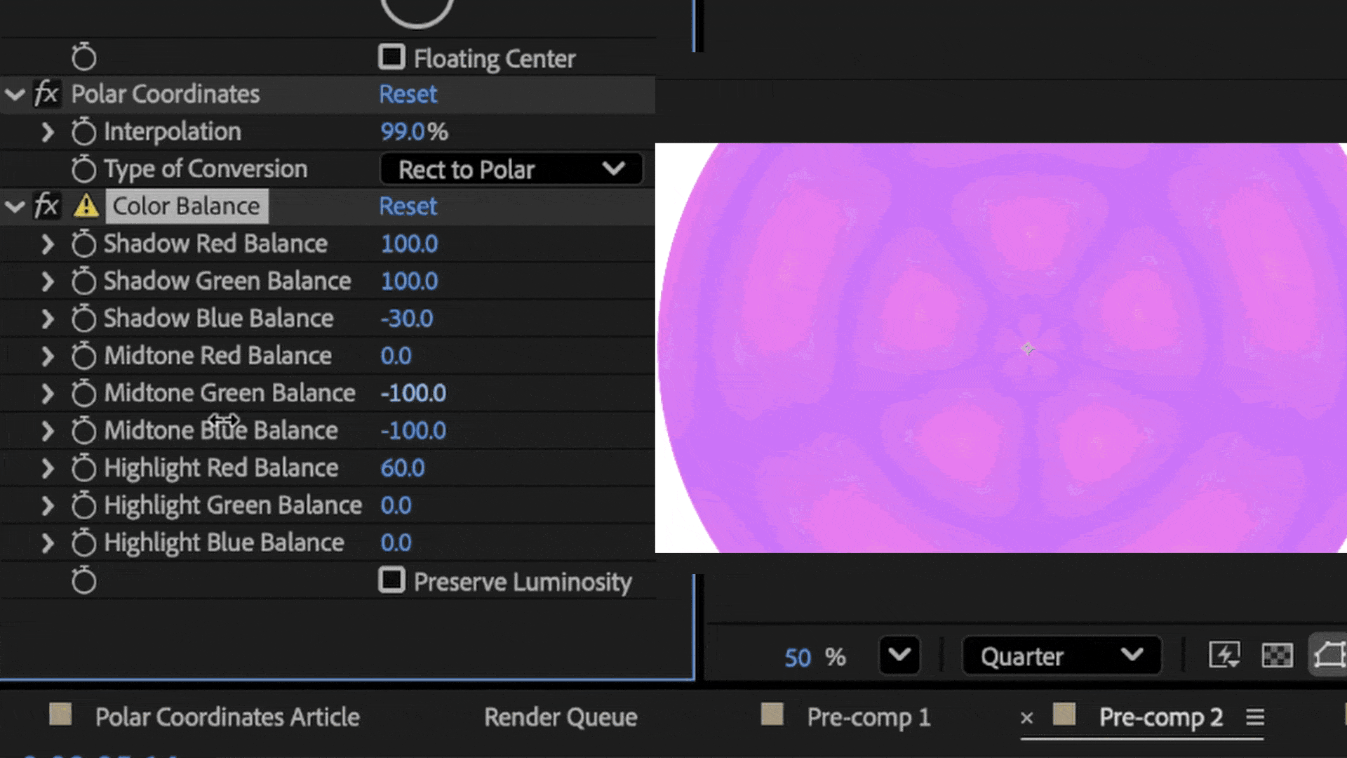 Animation showing a footage clip with polar coordinates and color balance effects applied, with the midtone green balance parameter being increased