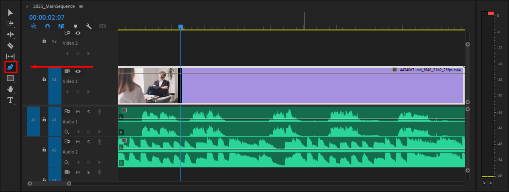 Premiere Pro's Timeline, highlighting where to select the Pen tool from the toolbar.