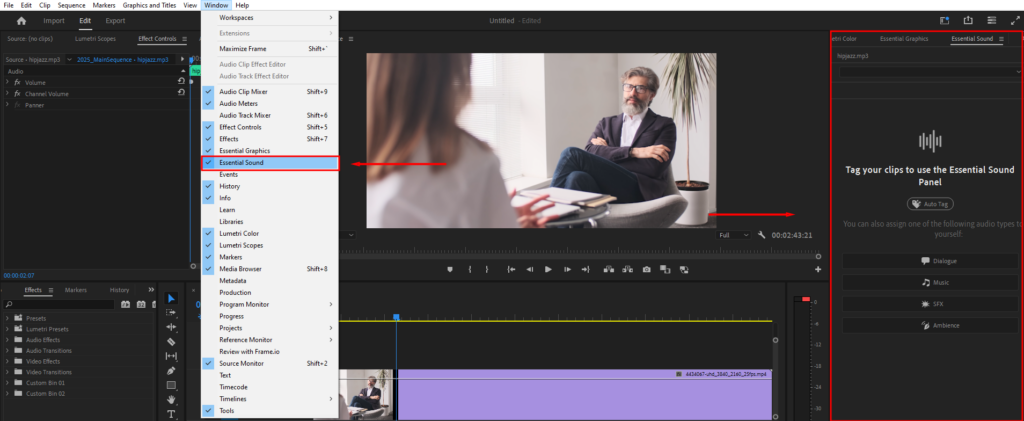 A screenshot of the Window drop-down menu in Premiere Pro, highlighting where to select the Essential Sound window.