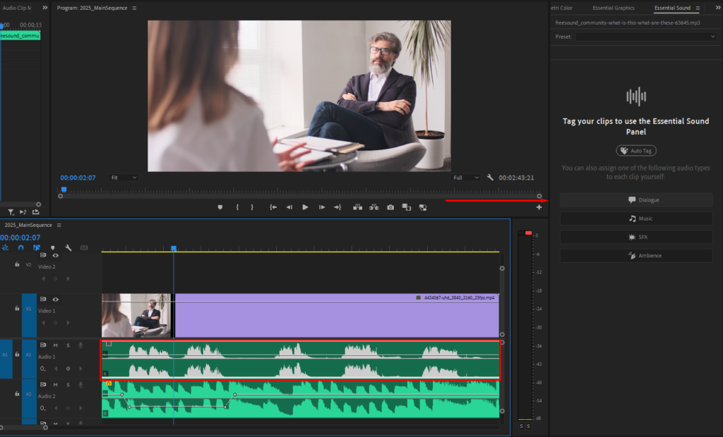 Premiere Pro's Essential Sound window, showing where to click the Dialogue setting once you've selected your dialogue track.