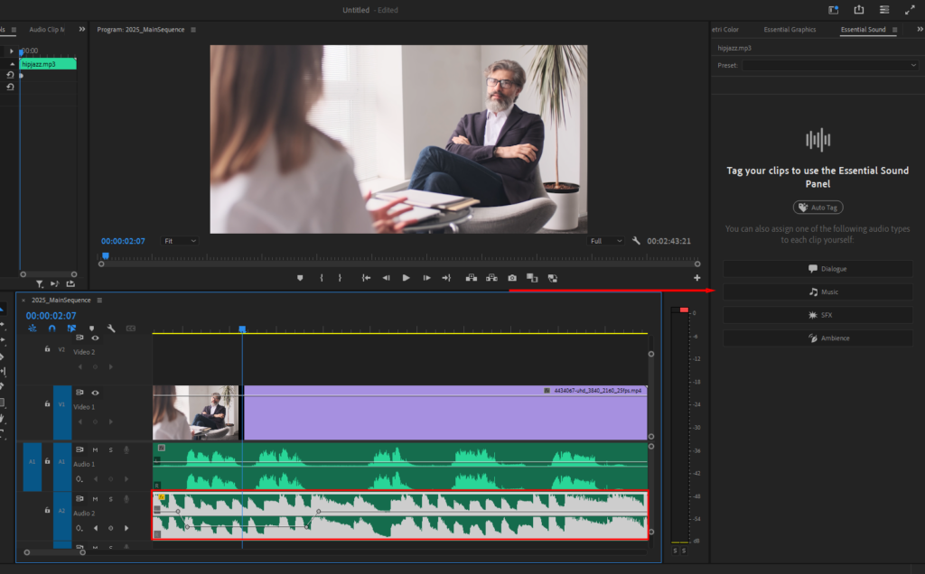 Premiere Pro's Essential Sound window, showing where to click the Music option once you've selected your Music track.