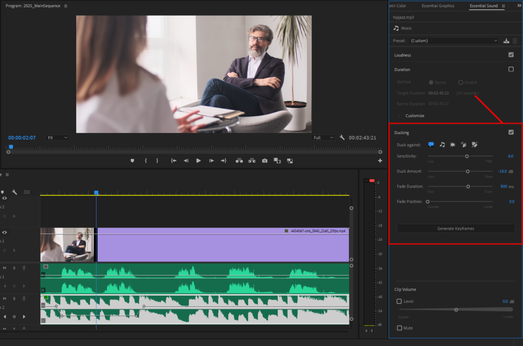  Premiere Pro's Ducking panel, found inside the Essential Sound window.