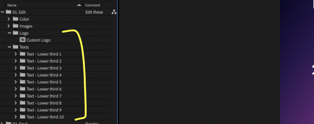 Screenshot showing the composition organization of template in after effects, with the logos and text layers highlighted in yellow